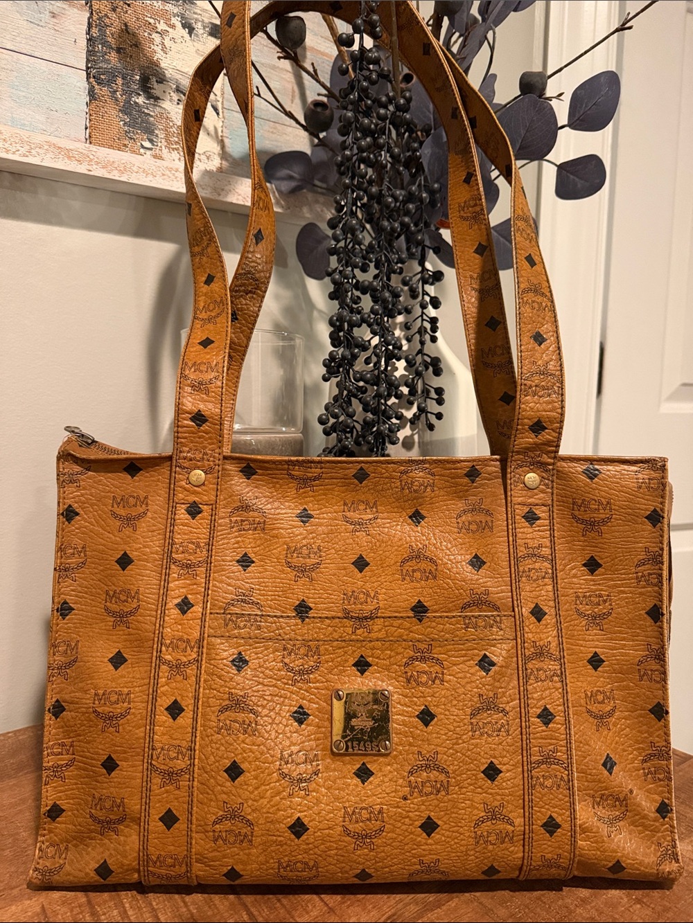 MCM Vintage Cognac Logo Print Tote with Gold Plaque